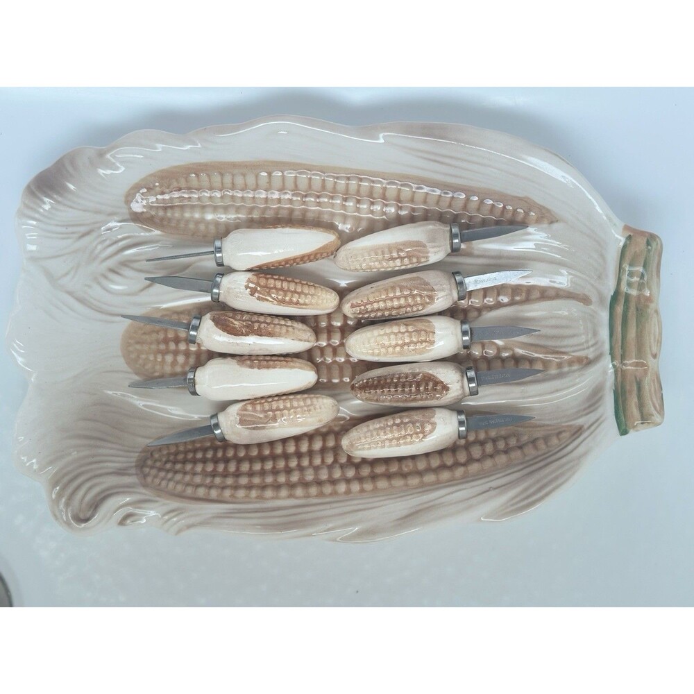 Vintage Japanese Porcelain Corn Cob Holder Set w Plate + 10 Holders